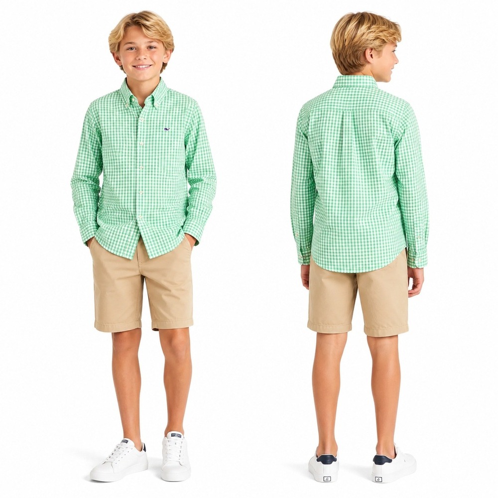 Vineyard‎ Vines Button Down Boys XL Green Gingham Whale Shirt Long Sleeve Check